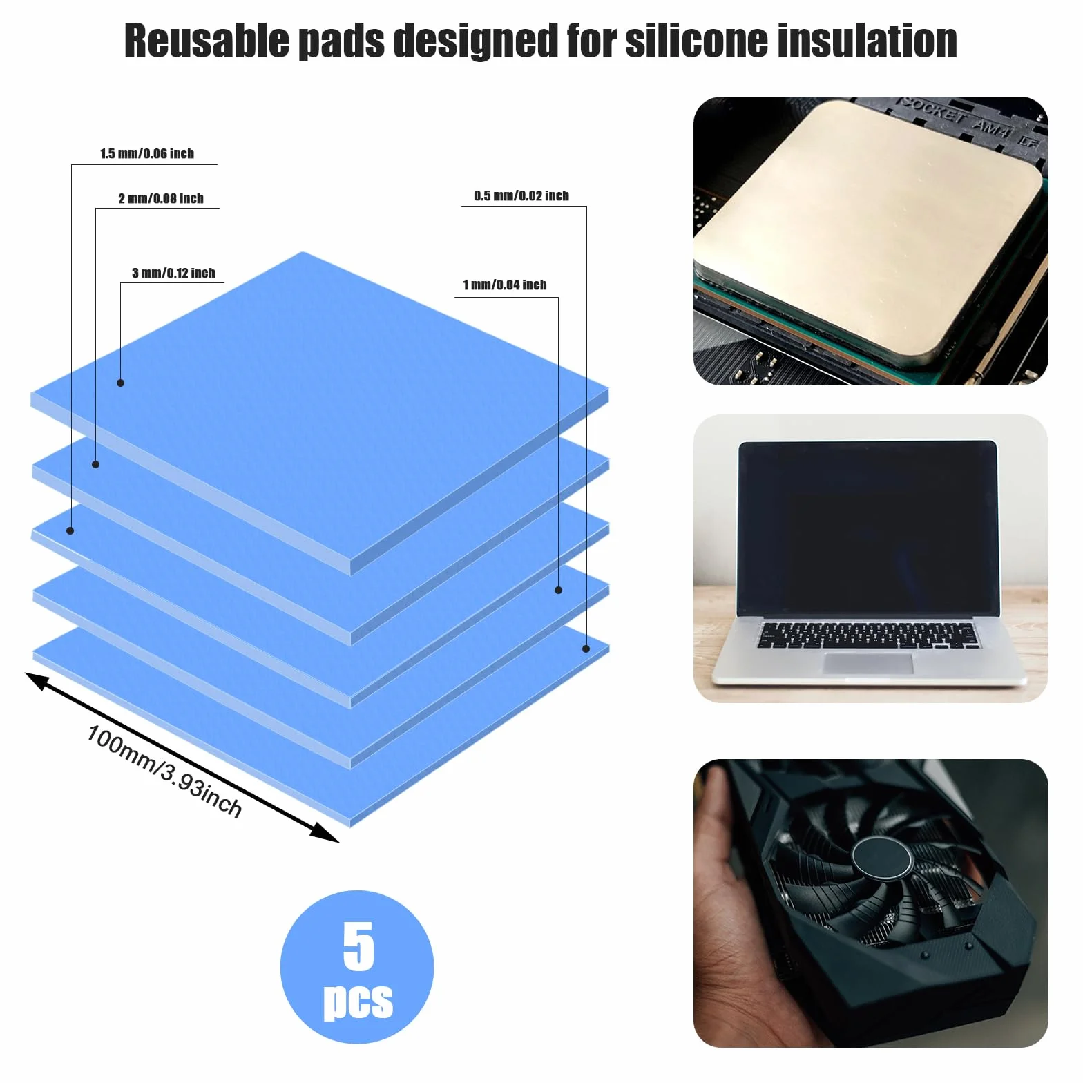 5 Szt. 100x100mm Podkladka Termiczna, Silikonowa Podkladka Termiczna w Tym Grubosc 0,5 mm, 1 mm, 1,5 mm, 2 mm, 3 mm Podkladki Termoprzewodzace do Radiatora Laptopa CPU GPU SSD IC LED Cooler