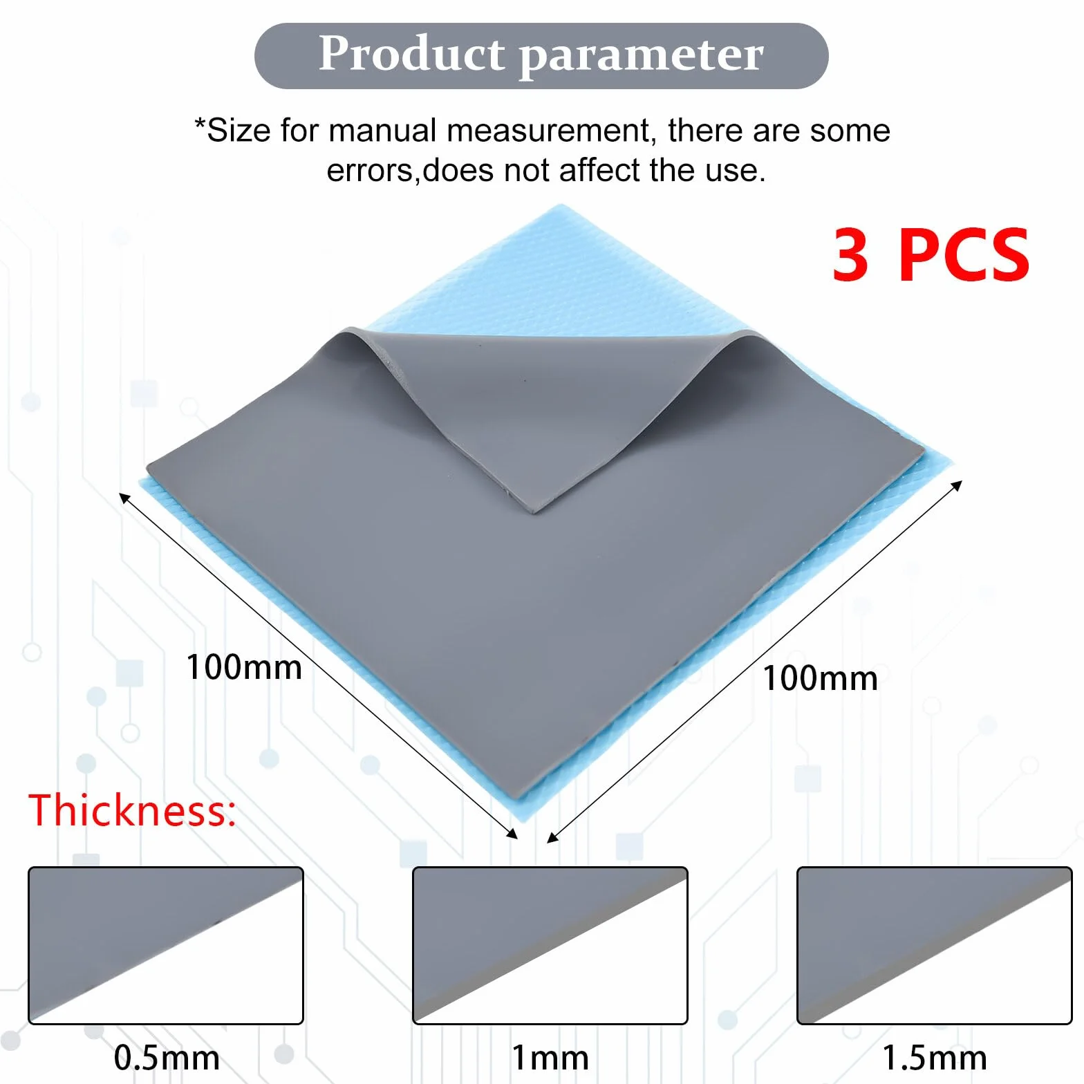 Zestaw 3 podkładek termicznych 12,8 W/mK, 100 x 100 x 0,5 mm/1,5 mm, silikonowe podkładki termiczne, wielokrotnego użytku, przewodzące ciepło podkładki silikonowe do radiatora PC, procesora, GPU,