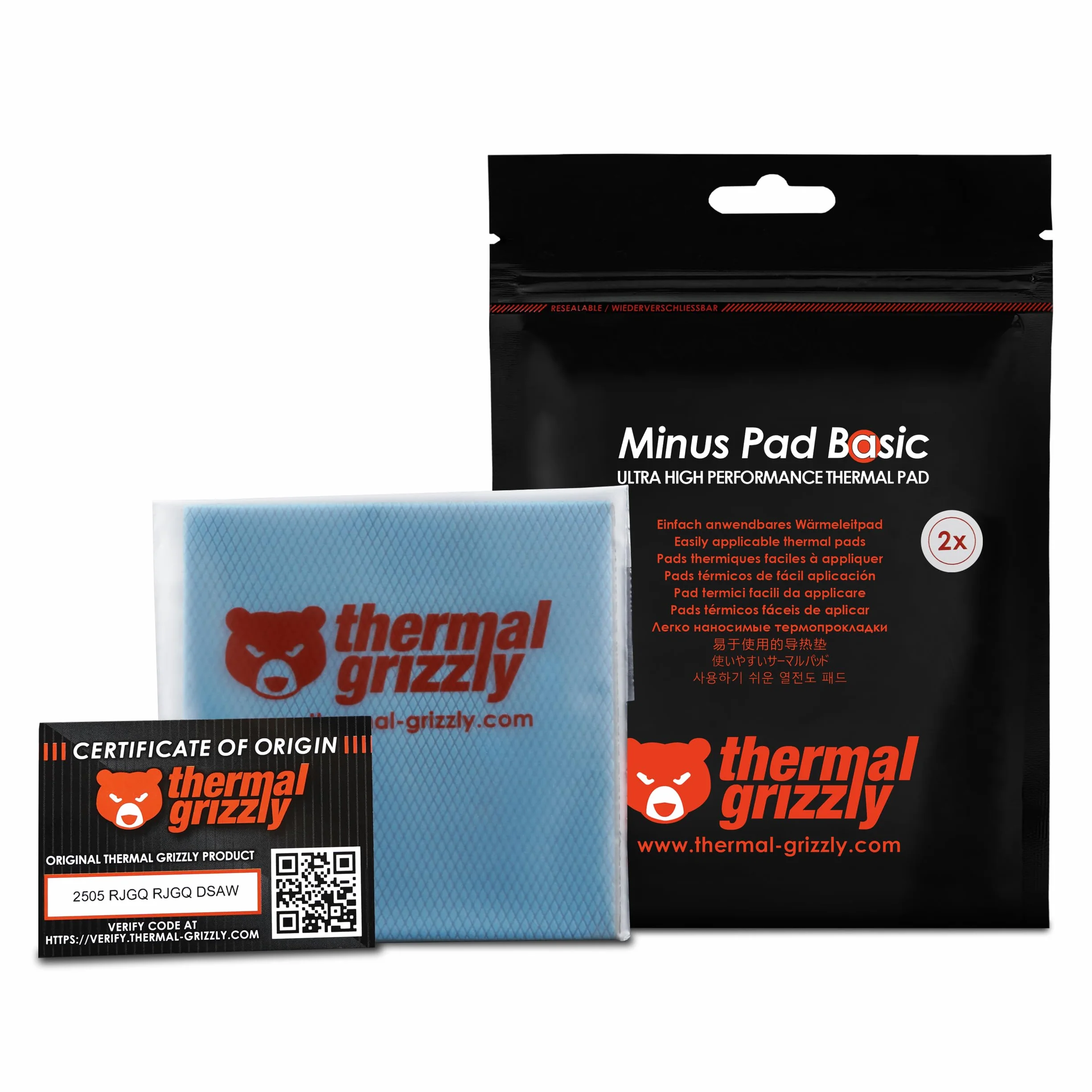 Thermal Grizzly Minus Pad Basic 2-pak izolacyjnych podkładek termicznych, 100 x 100 x 1,5 mm, nieprzewodzące elektrycznie, wysoka przewodność cieplna i ściśliwość do dysków SSD, GPU i
