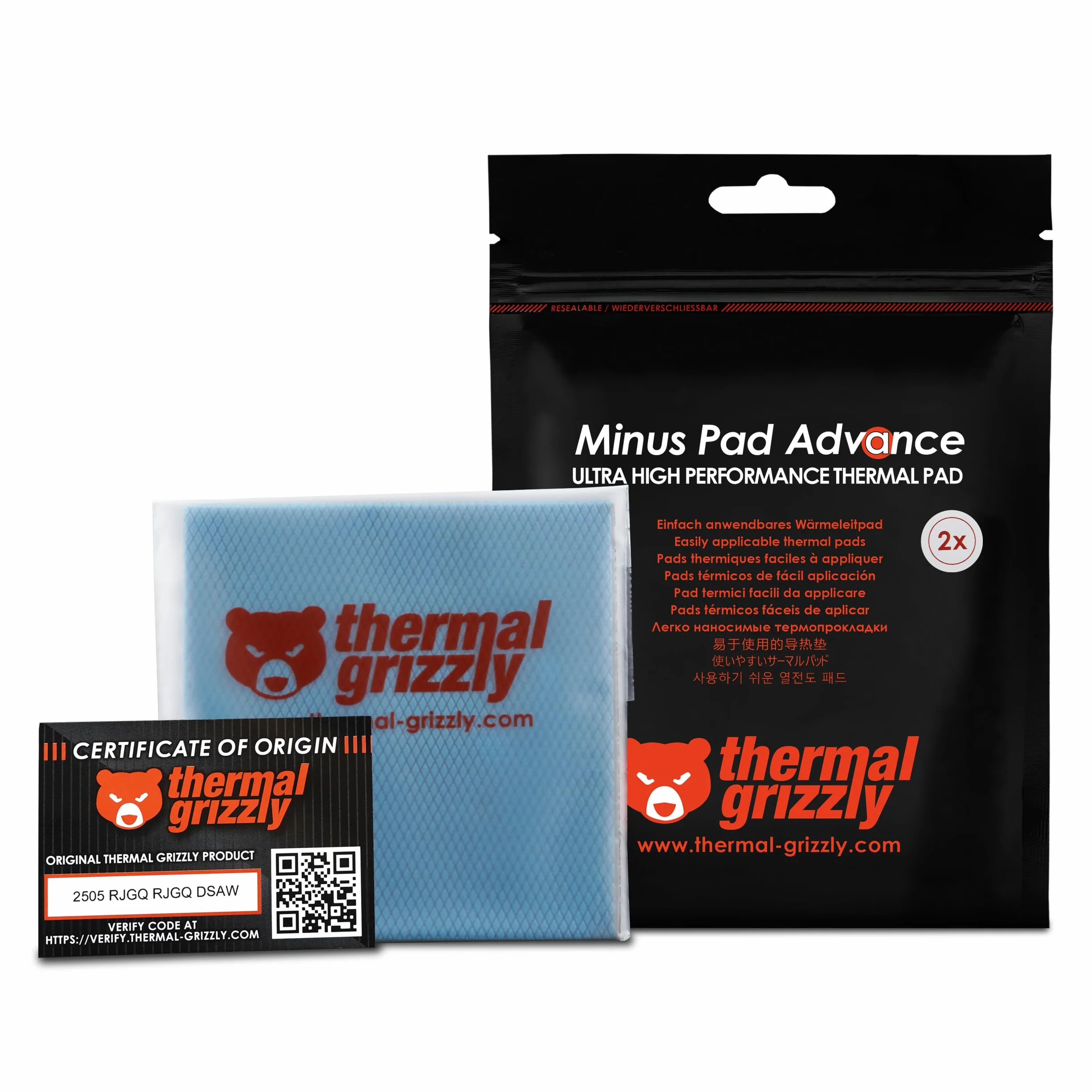 Thermal Grizzly Minus Pad Advance – 2-pak termicznych podkładek z interfejsem termicznym, 100 x 100 x 0,5 mm, elektrycznie nieprzewodząca, wysoka przewodność cieplna i kompresja do dysków SSD,