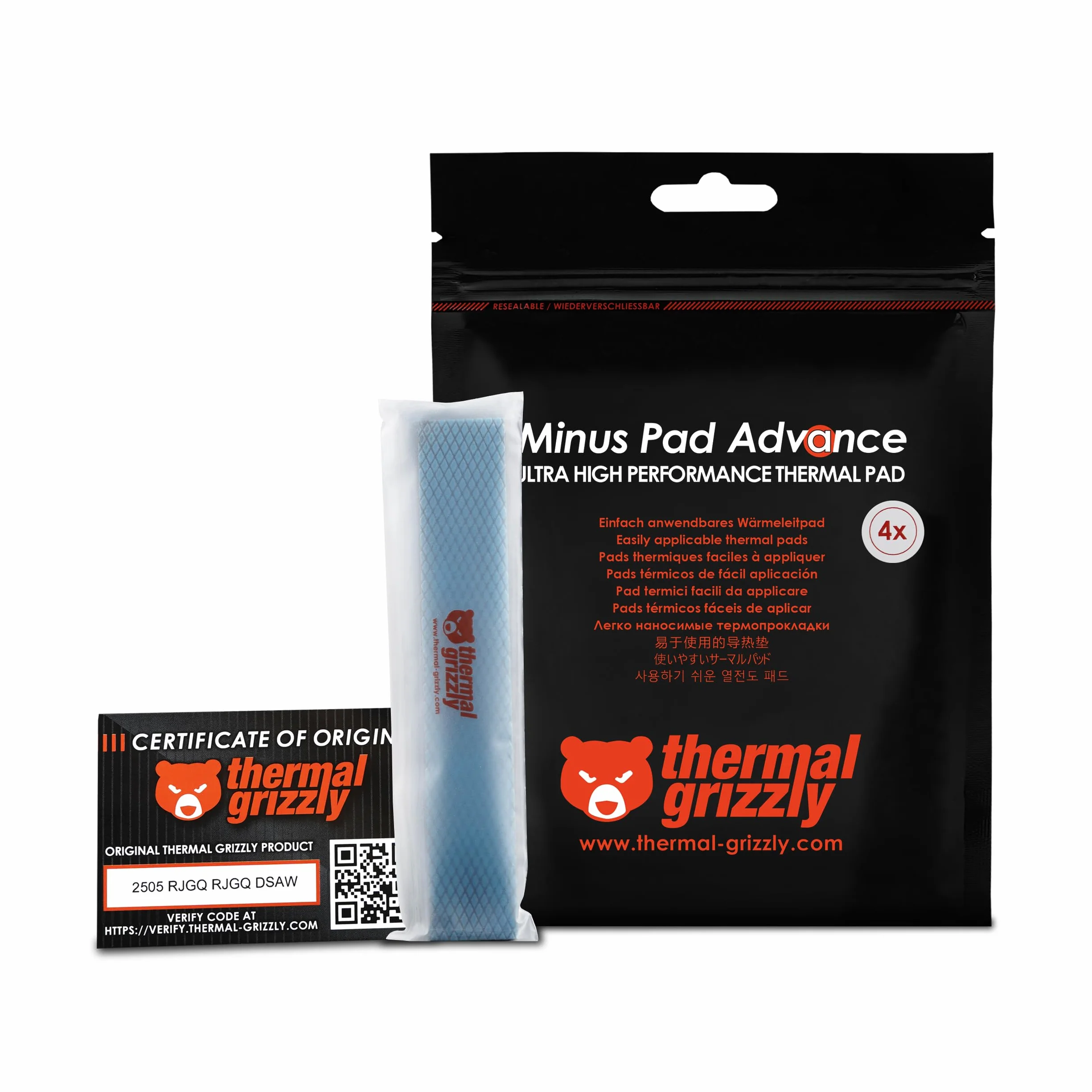 Thermal Grizzly Minus Pad Advance – 4-pak termiczna podkładka z interfejsem, 120 x 20 x 1,0 mm, elektrycznie nieprzewodząca, wysoka przewodność cieplna i kompresja do dysków SSD, procesorów