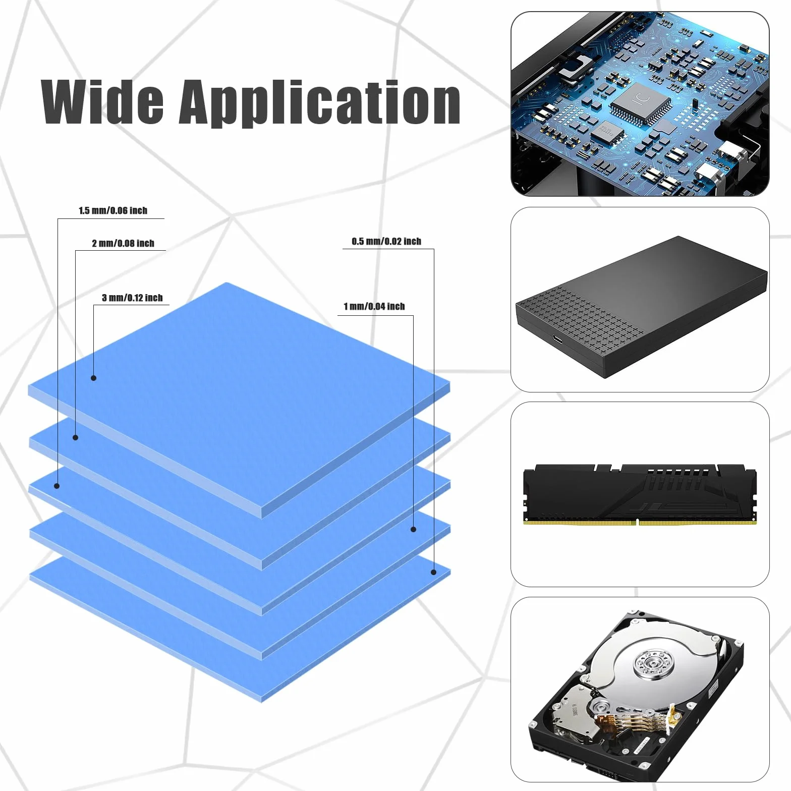 5 Szt. 100x100mm Podkladka Termiczna, Silikonowa Podkladka Termiczna w Tym Grubosc 0,5 mm, 1 mm, 1,5 mm, 2 mm, 3 mm Podkladki Termoprzewodzace do Radiatora Laptopa CPU GPU SSD IC LED Cooler